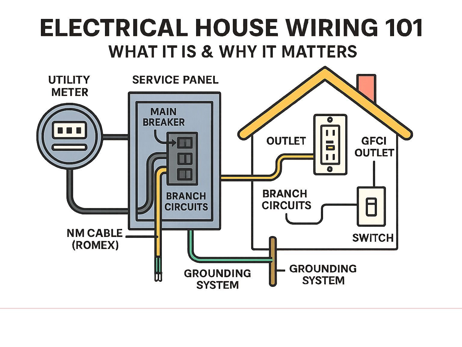 Electrical house wiring diagram showing meter, service panel, breaker, outlets, switches, and grounding system