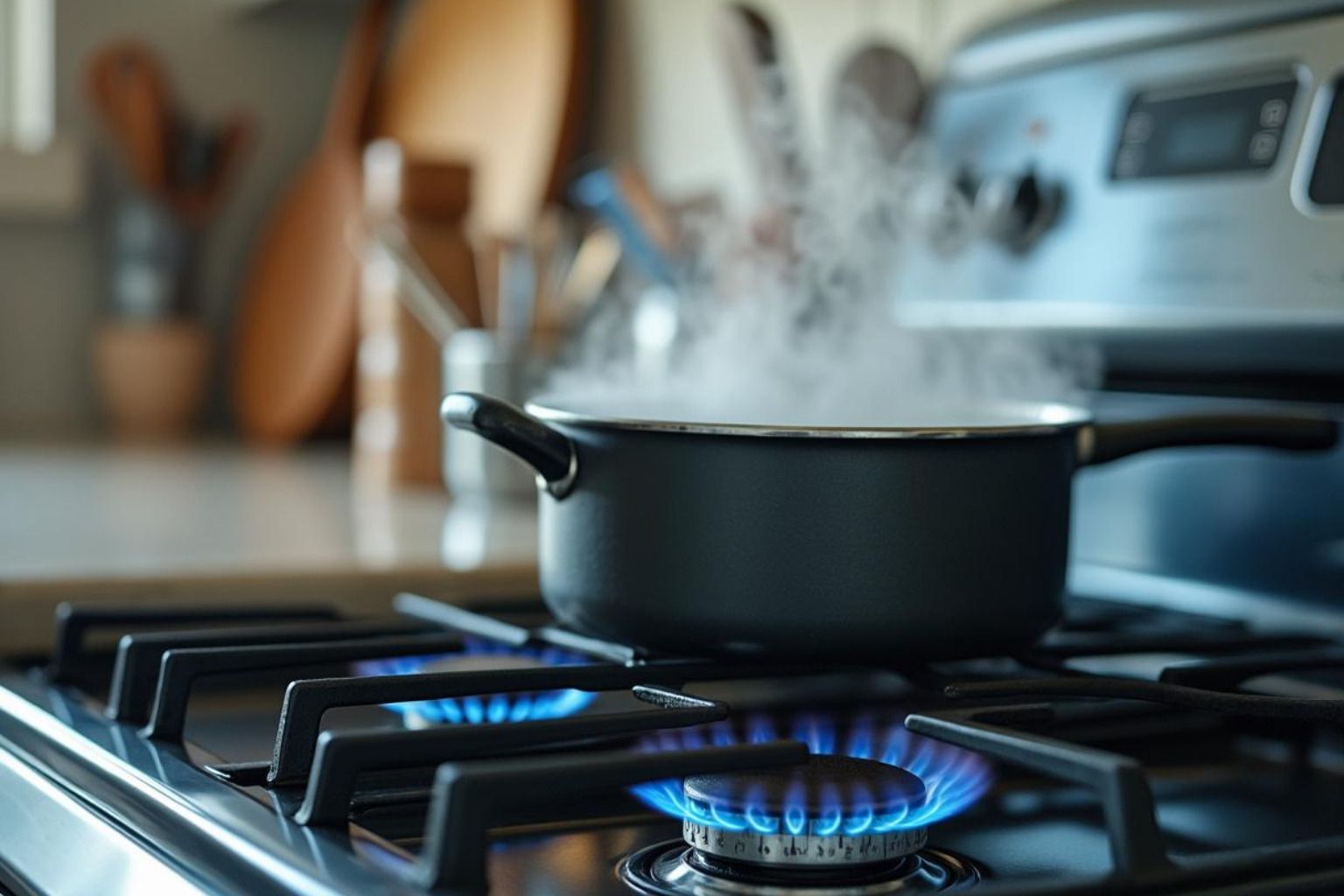Pot on a gas stove with blue flames and steam rising in a kitchen