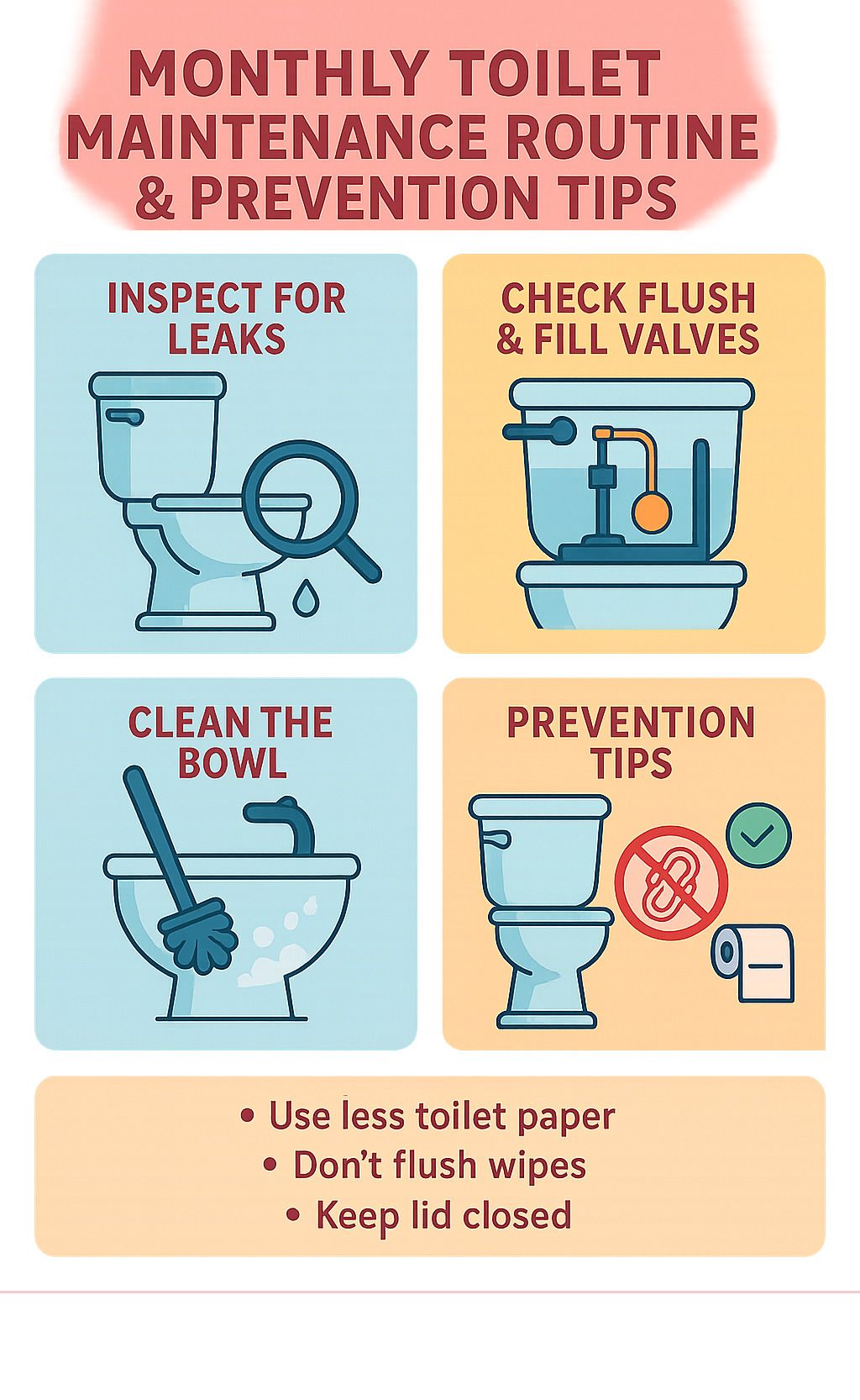 Infographic on monthly toilet maintenance: check leaks, test flush and fill valves, clean the bowl, prevent clogs.
