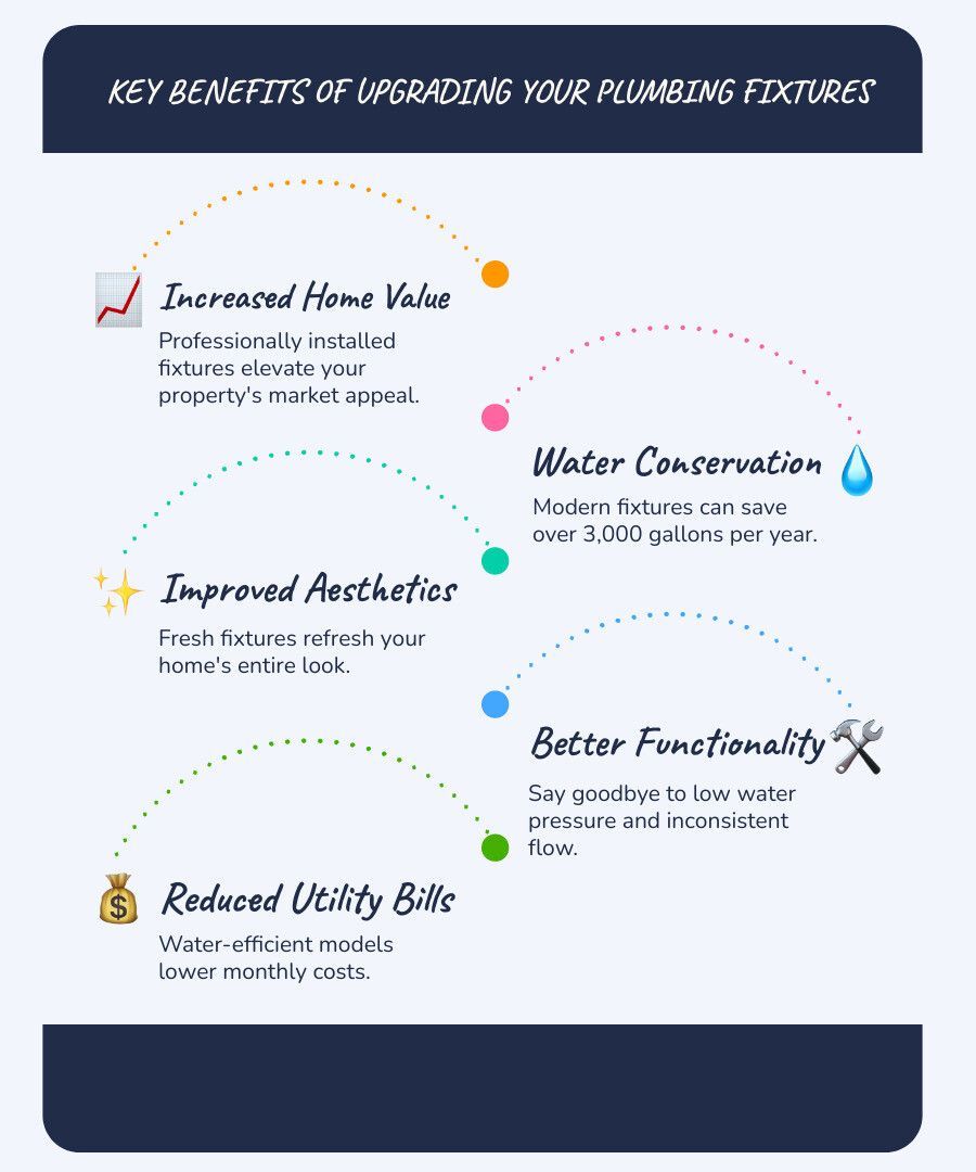 infographic showing benefits of upgrading plumbing fixtures including water savings of 3000 gallons per year from fixing one drip, increased home resale value, improved aesthetics with modern fixtures, reduced monthly water bills, and better functionality with consistent water pressure - Plumbing fixture installation infographic infographic-line-5-steps-blues-accent_colors infographic showing benefits of upgrading plumbing fixtures including water savings of 3000 gallons per year from fixing one drip, increased home resale value, improved aesthetics with modern fixtures, reduced monthly water bills, and better functionality with consistent water pressure - Plumbing fixture installation infographic infographic-line-5-steps-blues-accent_colors