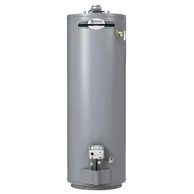 Gray upright water heater tank with control panel and pipes at the bottom