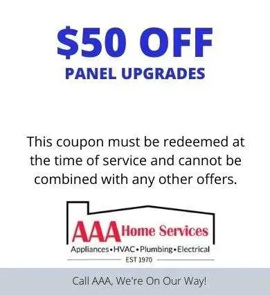 AAA Home Services coupon for $50 off panel upgrades, with redemption terms and company logo.