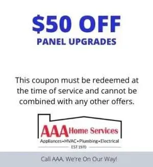 $50 off panel upgrades coupon from AAA Home Services with red and blue text on white background