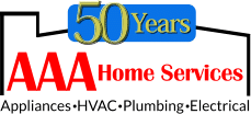 AAA Home Services logo with 50 Years badge and services: appliances, HVAC, plumbing, electrical