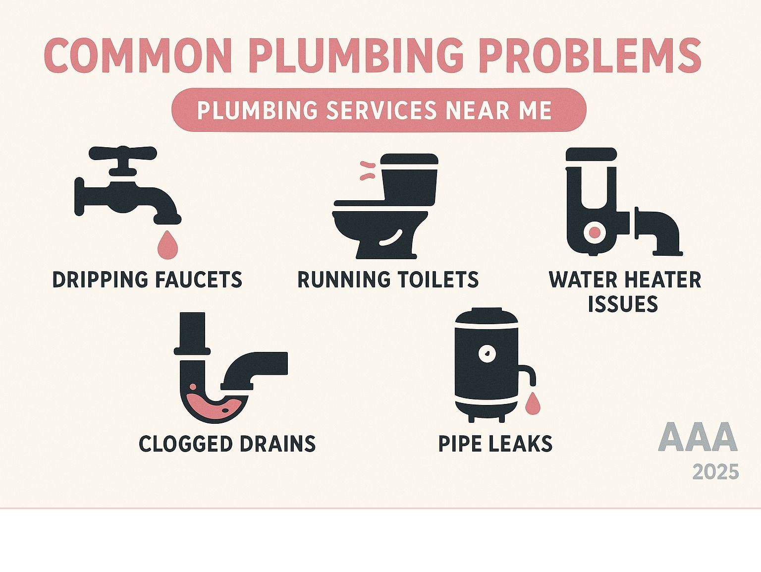 Infographic titled “Common Plumbing Problems” with black plumbing icons and labels on a beige background.