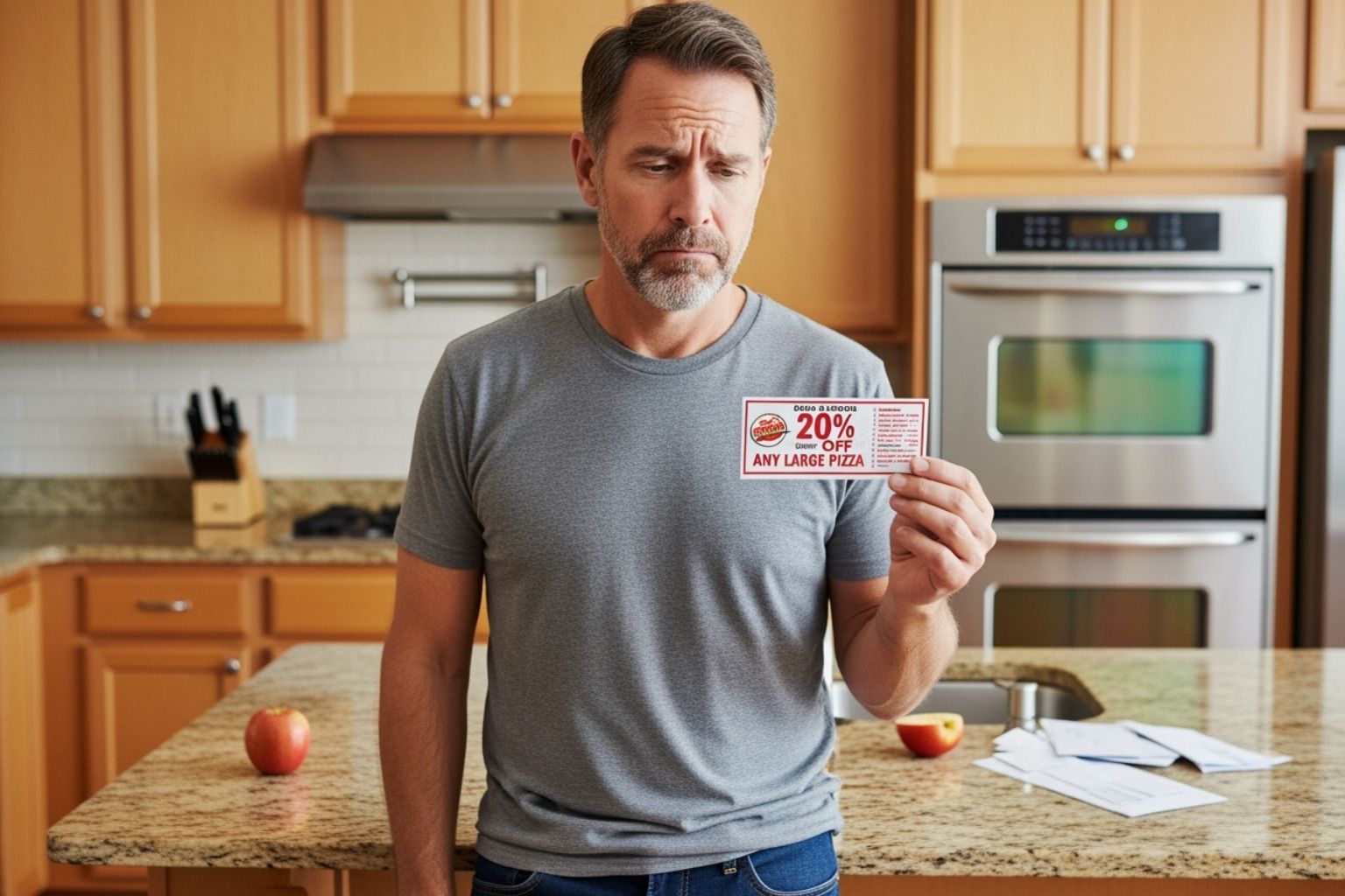 homeowner looking skeptically at a coupon - furnace tune up specials homeowner looking skeptically at a coupon - furnace tune up specials
