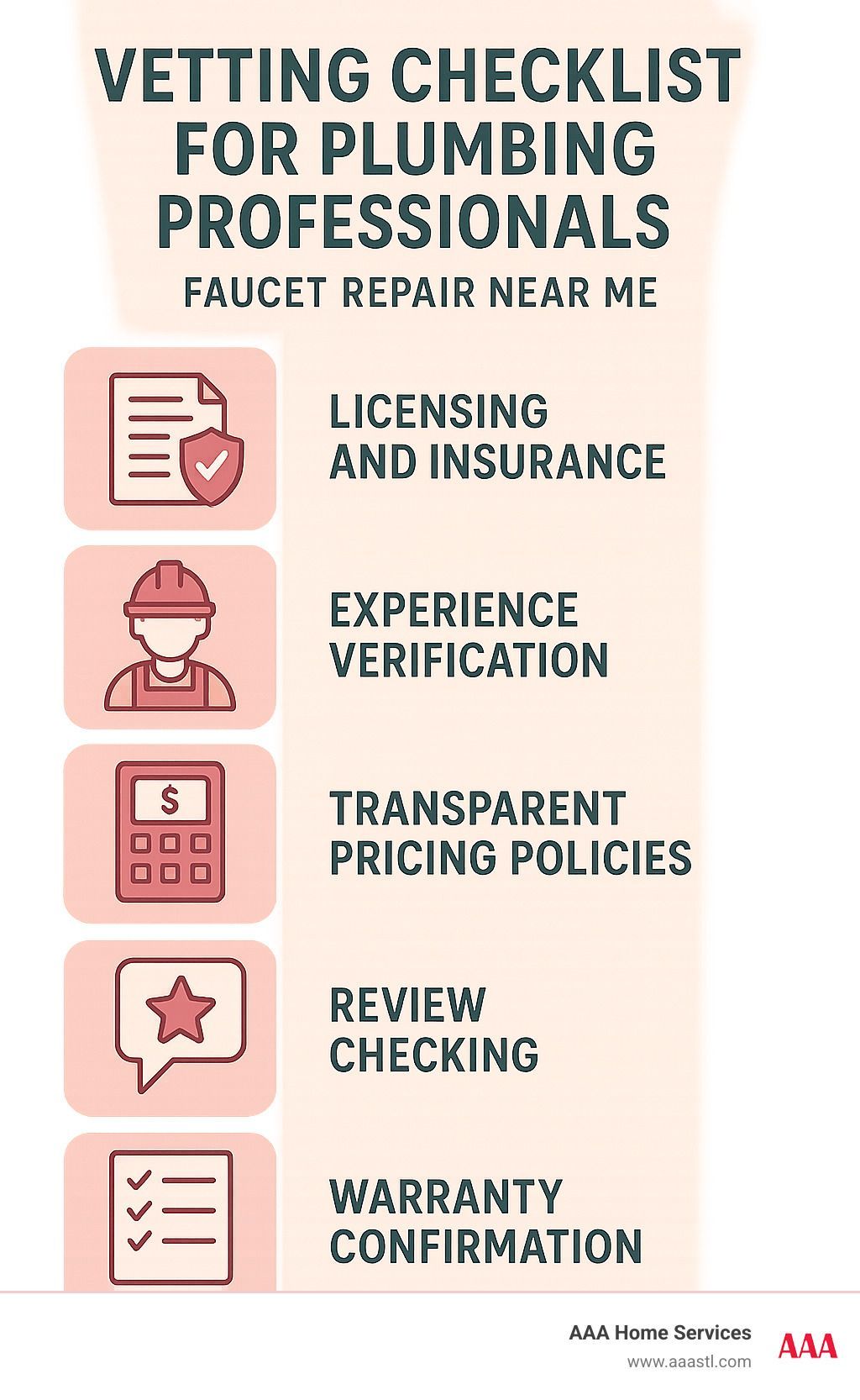 Leaky Faucet? Local Plumbers Ready to Help 26 Vetting checklist for plumbing professionals showing licensing requirements, experience verification, transparent pricing policies, review checking, and warranty confirmation - faucet repair near me infographic