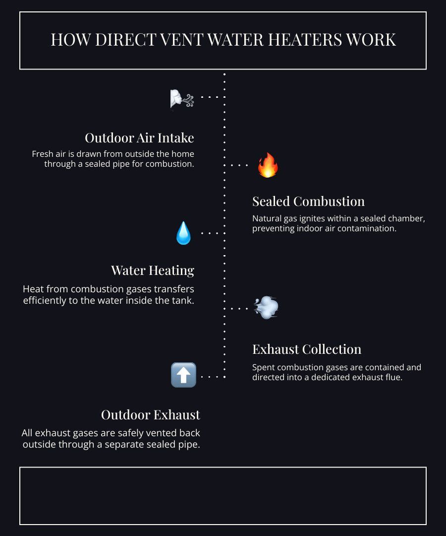 Infographic showing how direct vent water heaters work, with airflow and flue steps on a dark background