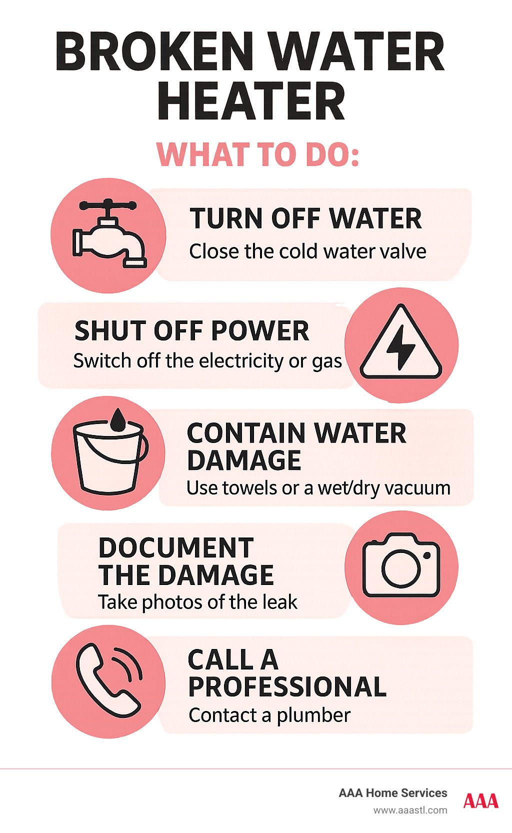 Broken water heater instructions: turn off water, shut off power, contain damage, document, call professional