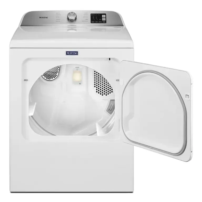 White front-load clothes dryer with door open, showing empty drum and control panel on top