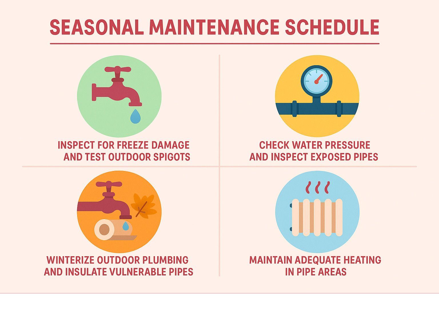 Infographic showing seasonal maintenance schedule: Spring - inspect for freeze damage and test outdoor spigots; Summer - check water pressure and inspect exposed pipes; Fall - winterize outdoor plumbing and insulate vulnerable pipes; Winter - maintain adequate heating in pipe areas - leaky pipes infographic Infographic showing seasonal maintenance schedule: Spring - inspect for freeze damage and test outdoor spigots; Summer - check water pressure and inspect exposed pipes; Fall - winterize outdoor plumbing and insulate vulnerable pipes; Winter - maintain adequate heating in pipe areas - leaky pipes infographic