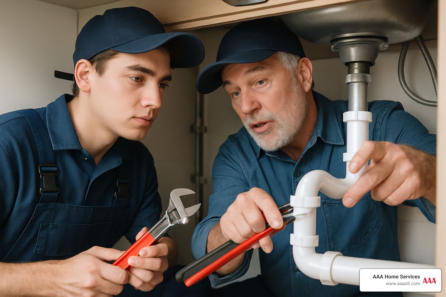Two plumbers in blue uniforms repair under-sink pipes with wrenches, one pointing at white PVC plumbing.