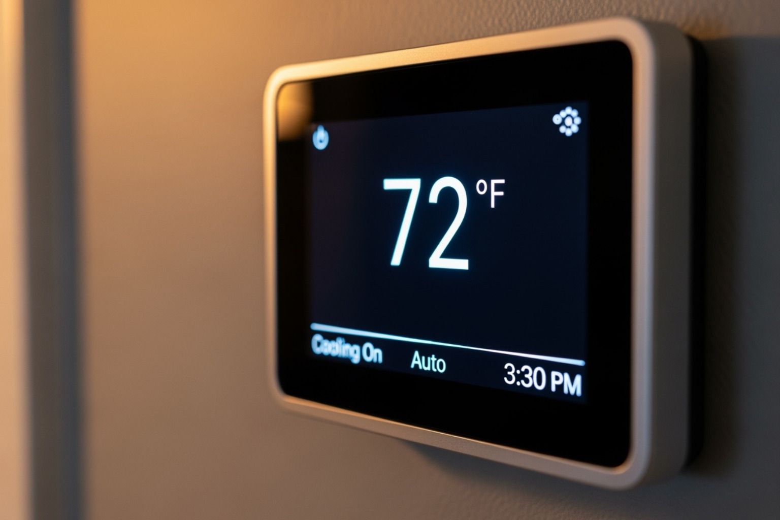 Wall-mounted digital thermostat displaying 72°F with cooling on at 3:30 PM