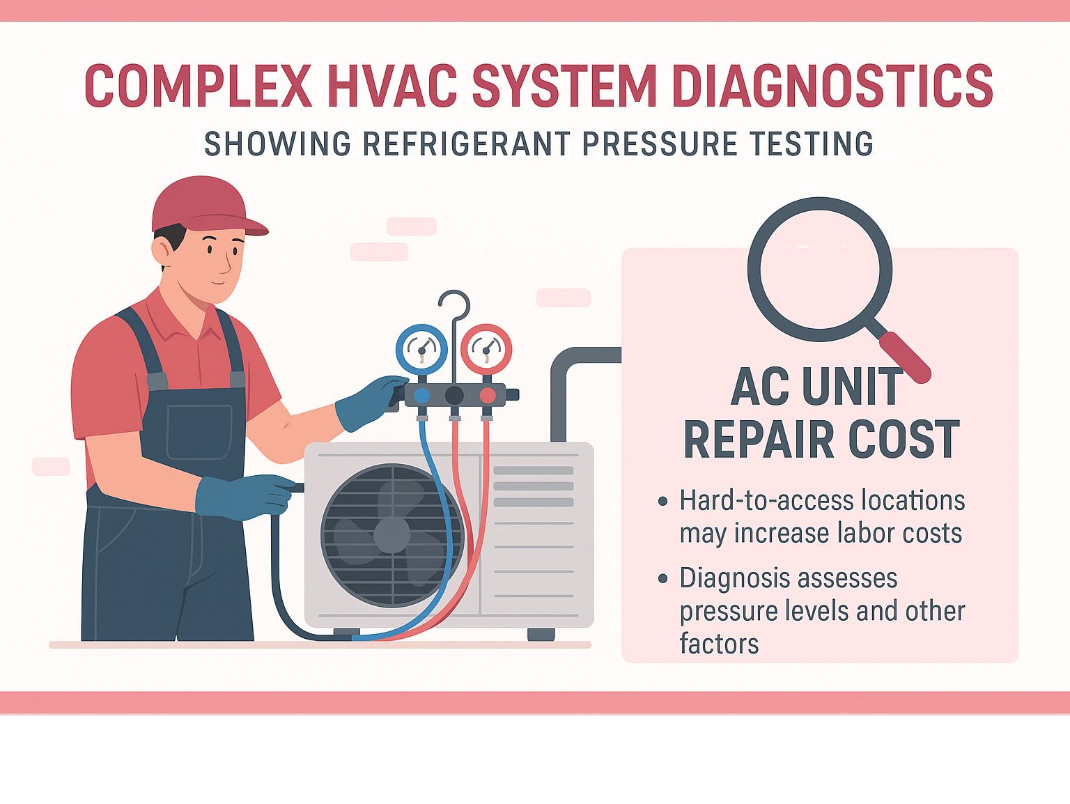 HVAC technician inspecting outdoor AC unit with gauges, beside text about refrigerant pressure testing and repair cost