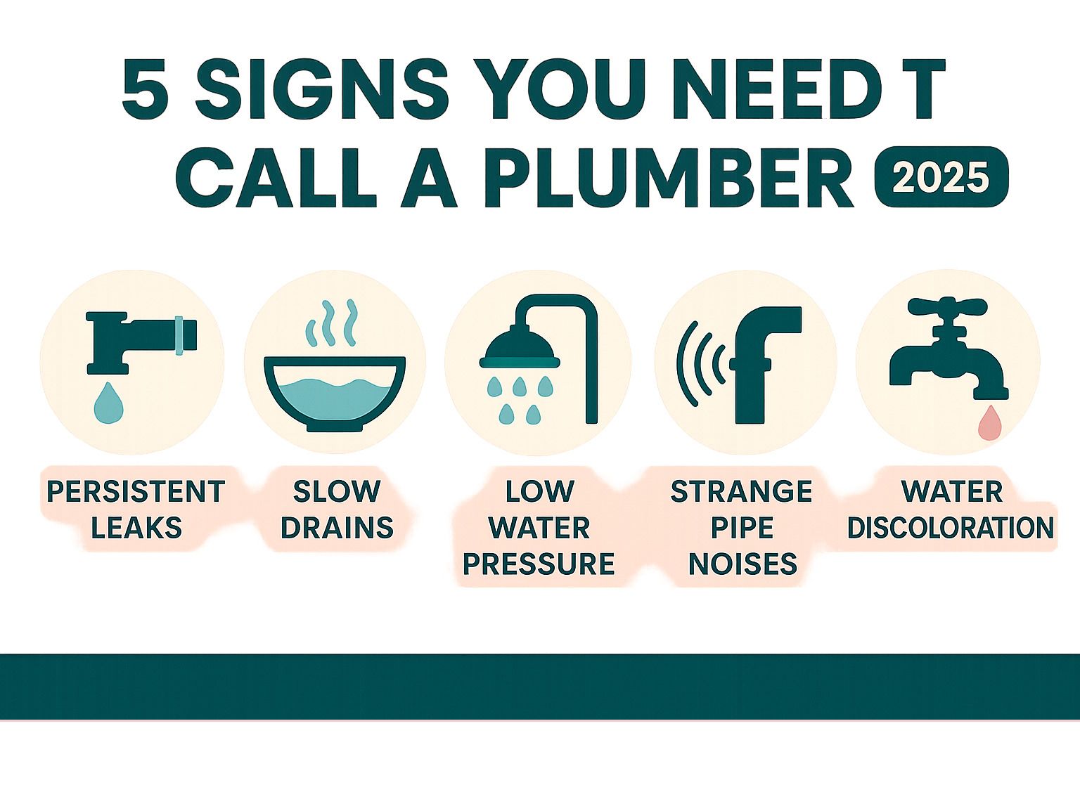 Infographic showing 5 key signs you need to call a plumber: persistent leaks, slow drains, low water pressure, strange pipe noises, and water discoloration - top rated plumbing companies near me infographic Infographic showing 5 key signs you need to call a plumber: persistent leaks, slow drains, low water pressure, strange pipe noises, and water discoloration - top rated plumbing companies near me infographic