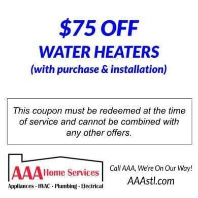 $75 off water heaters coupon from AAA Home Services, with installation required.