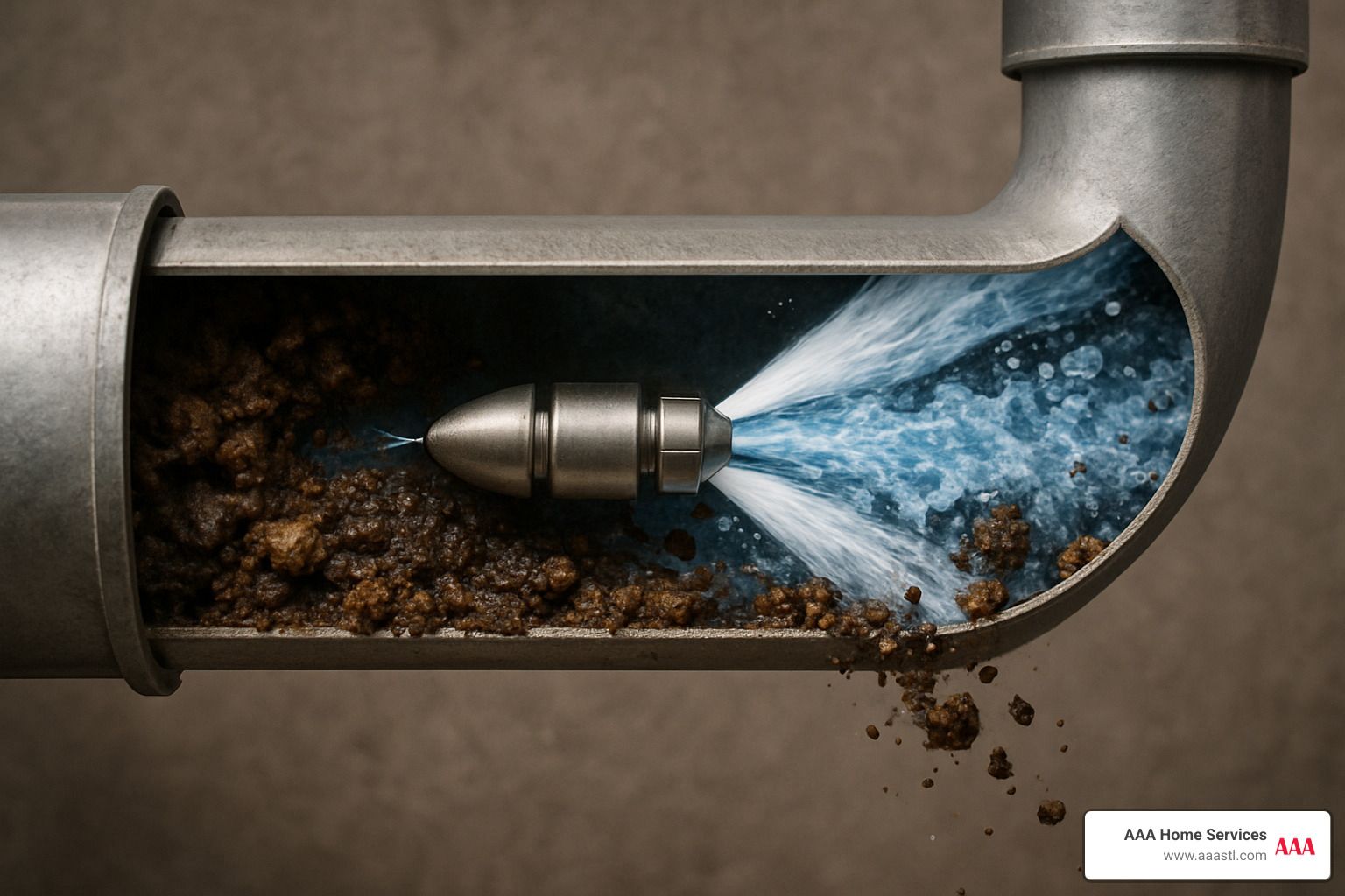 Clogged pipe being blasted clean by a water jet, with debris and sediment flushing out