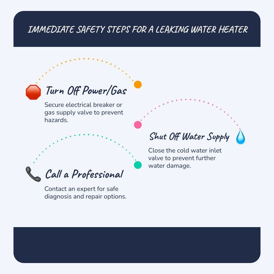 Infographic on immediate safety steps for a leaking water heater: turn off power/gas, shut off water, call a professional.