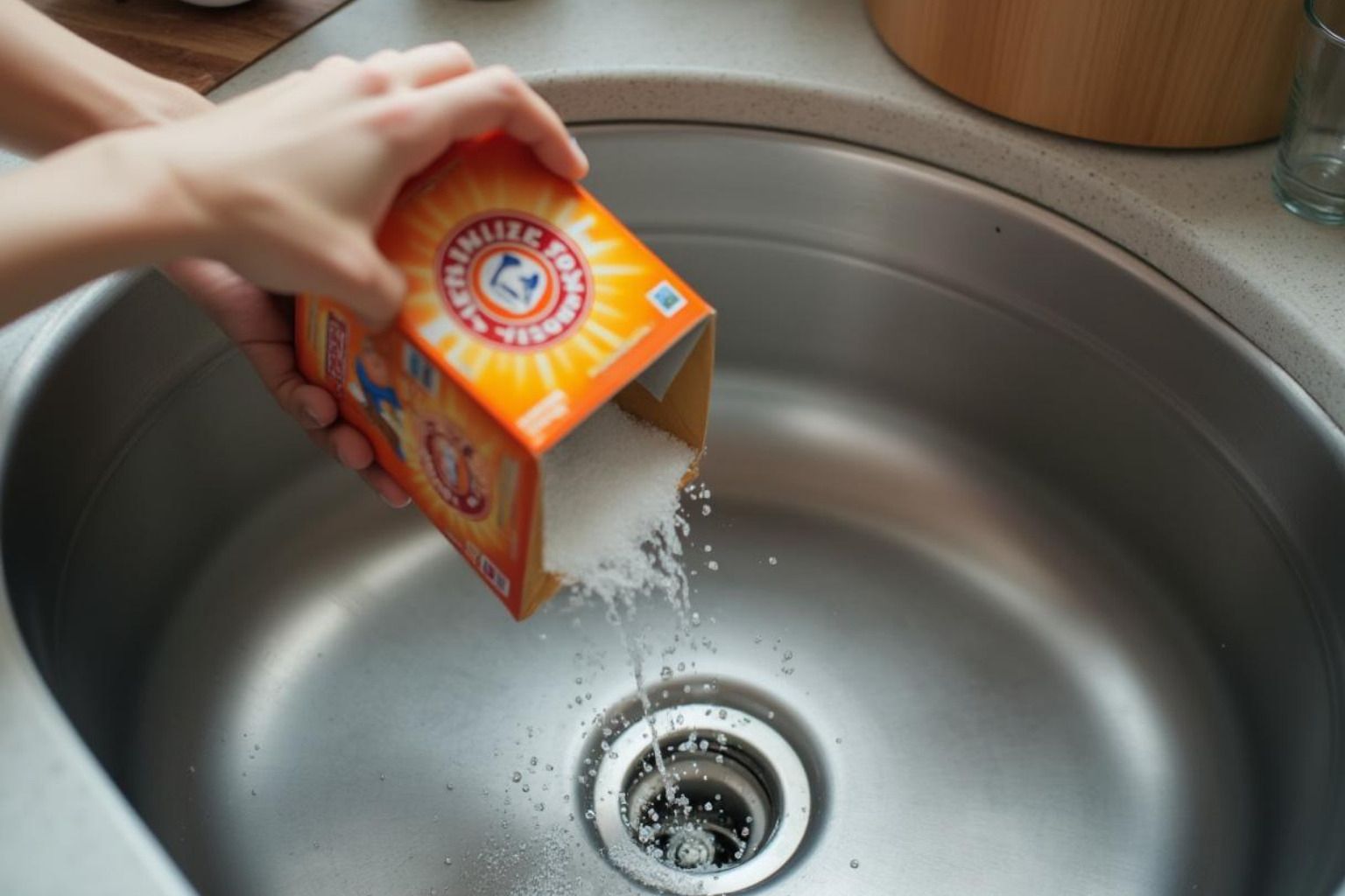 baking soda being poured into kitchen sink drain - baking soda and hot water for clogged drain