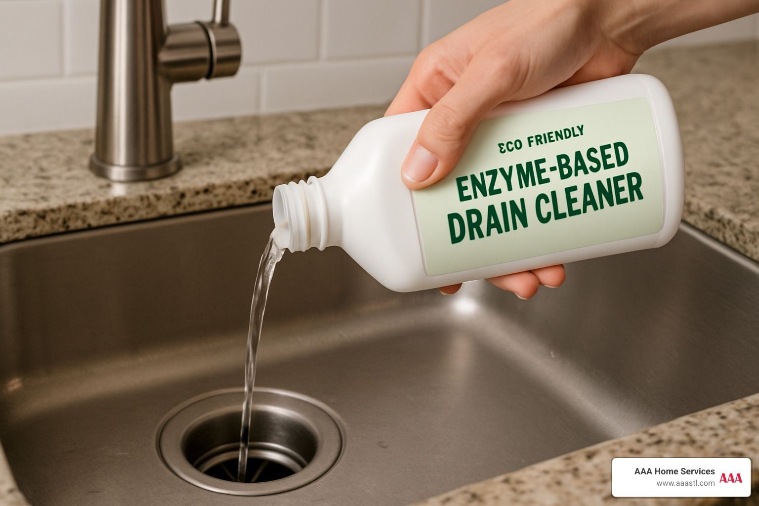 Hand pouring enzyme-based drain cleaner into a kitchen sink drain