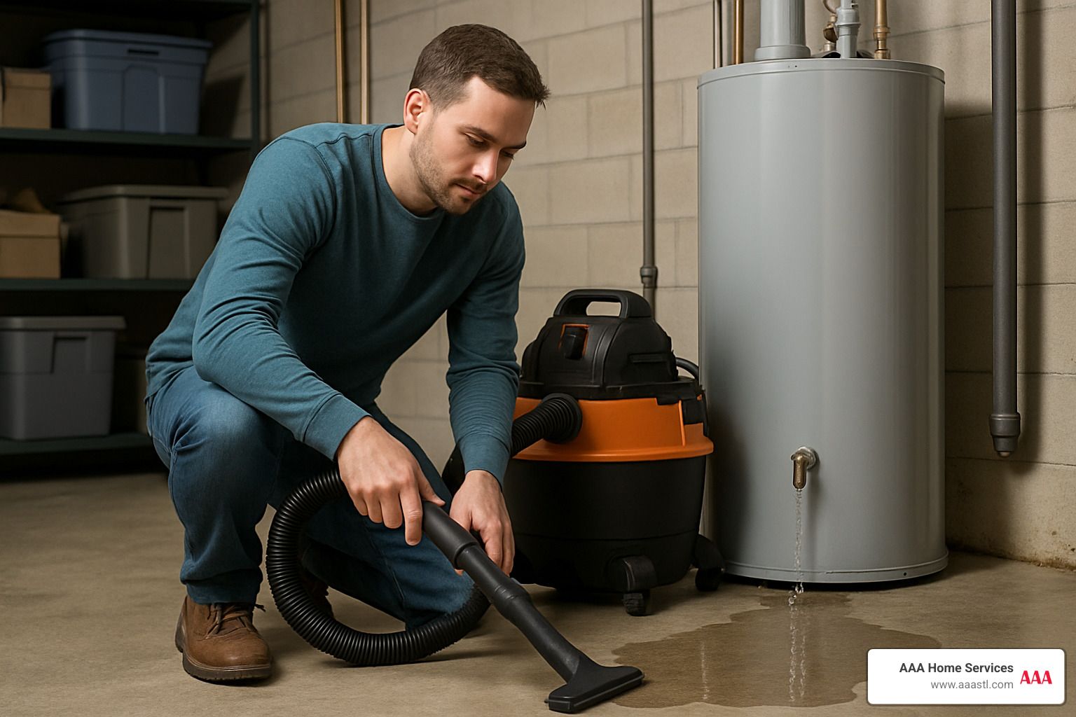 Man vacuuming a floor beside a water heater and utility shelves in a basement laundry area
