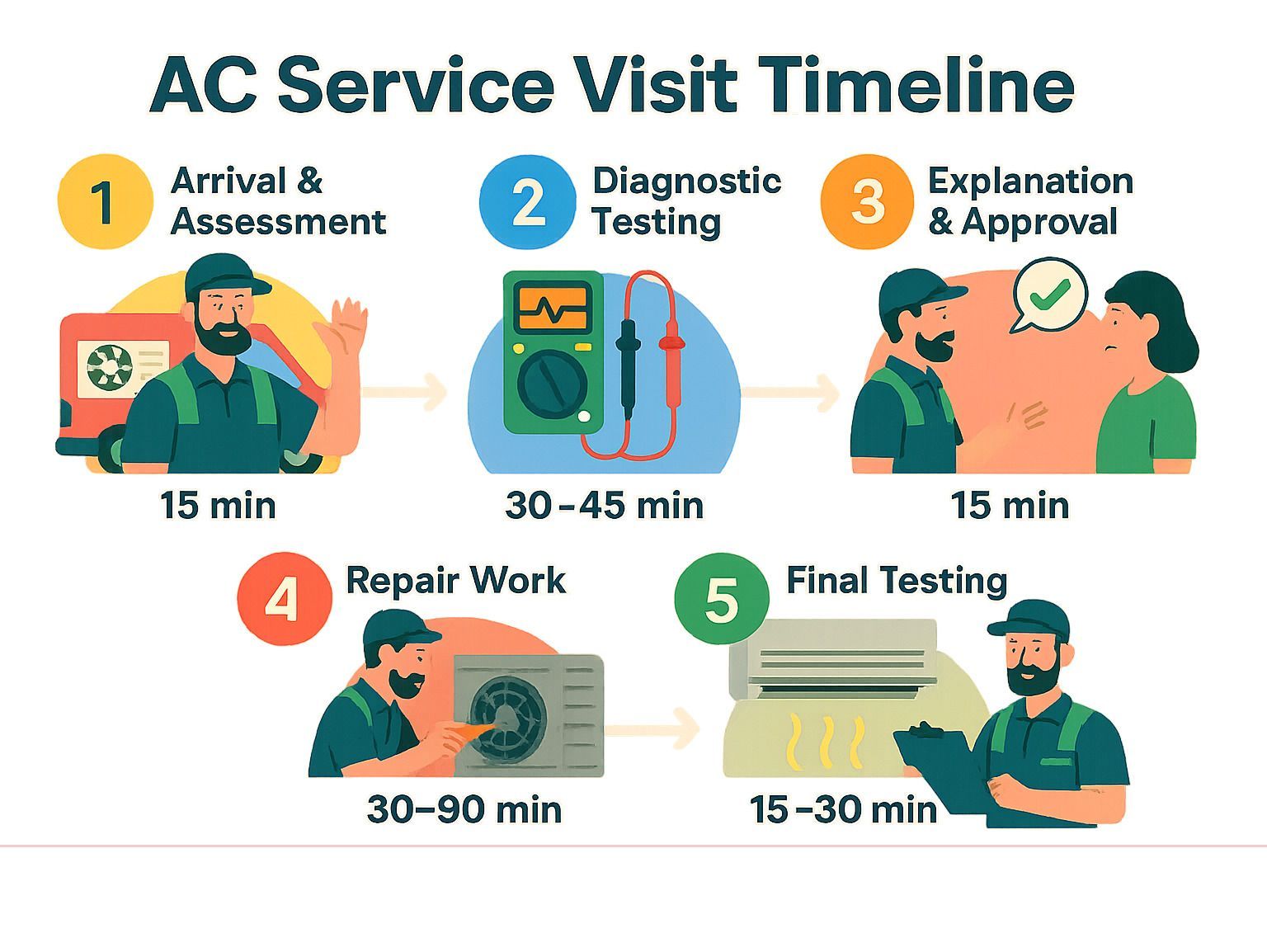 AC service visit timeline infographic with 5 steps, from arrival to final testing, with time estimates.