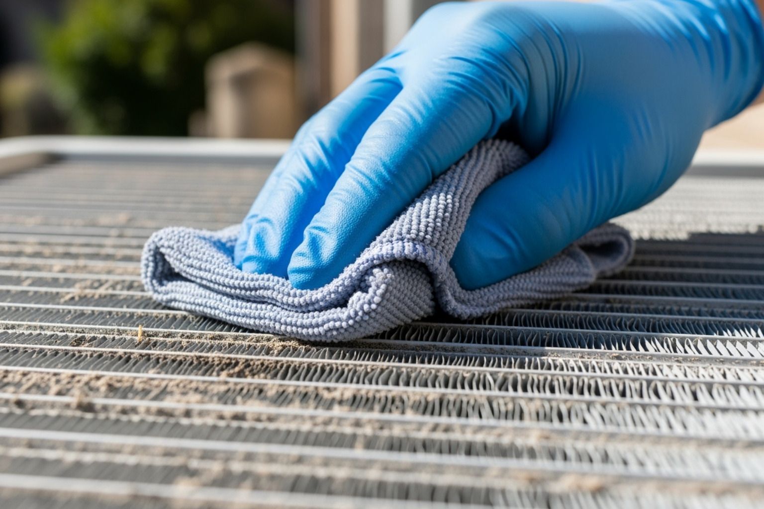 technician's gloved hand wiping down an AC condenser coil - ac tune up st louis