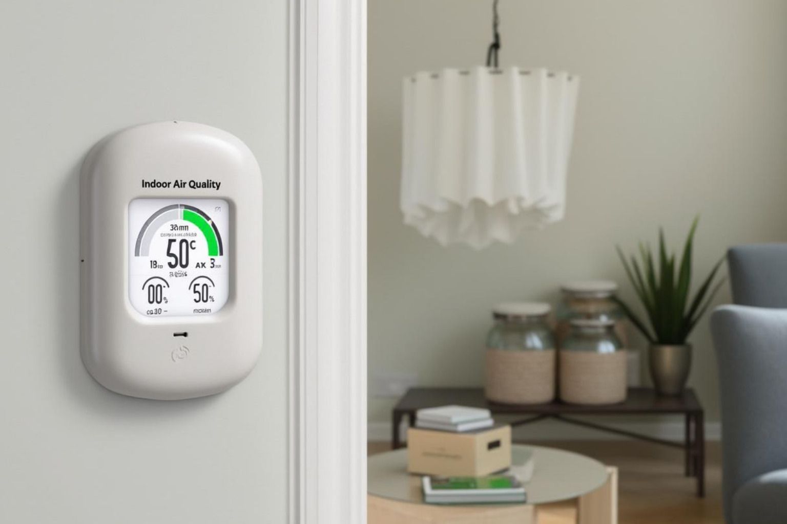 Wall-mounted thermostat on a white wall, with a softly lit room and shelf decor in the background