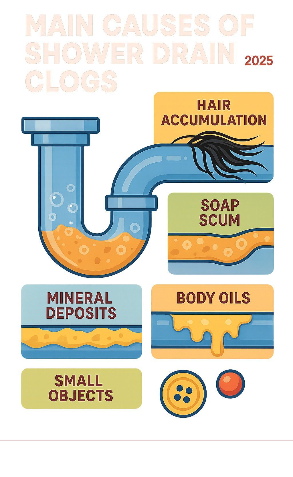 Infographic of shower drain clog causes: hair, soap scum, body oils, mineral deposits, and small objects.