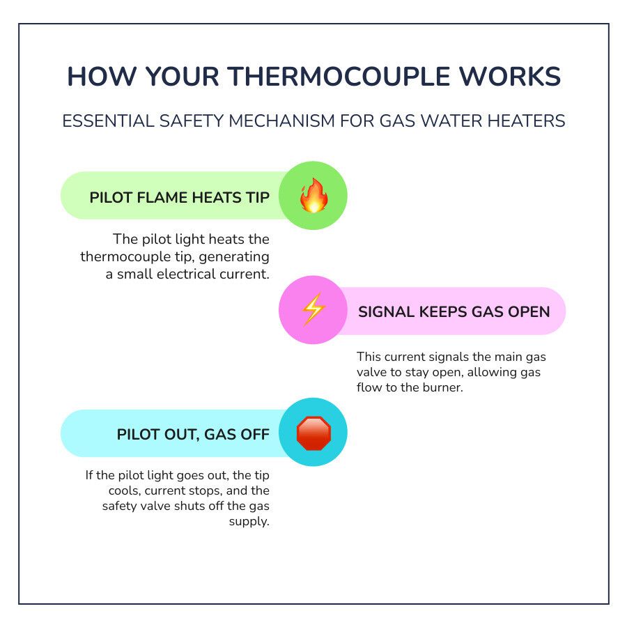 Infographic on thermocouple safety: pilot flame heats tip, signal keeps gas open, pilot out shuts gas off.