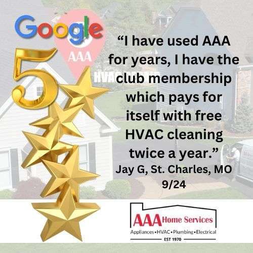 Google 5-star review graphic with AAA Home Services logo and customer quote about HVAC cleaning and membership savings