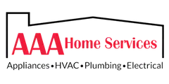 AAA Home Services logo with red and black text and services listed: Appliances, HVAC, Plumbing, Electrical