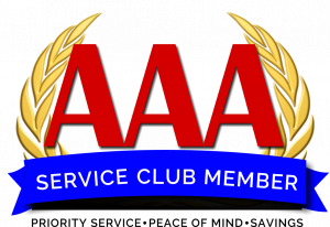 AAA Service Club Member badge with red letters, gold laurel wreath, and blue ribbon reading “SERVICE CLUB MEMBER”