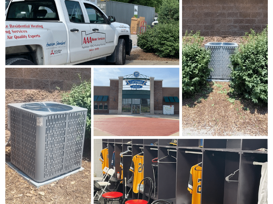 5 photo collage of a white AAA truck, two HVAC units, a baseball locker room, and Car Shield Field Stadium.