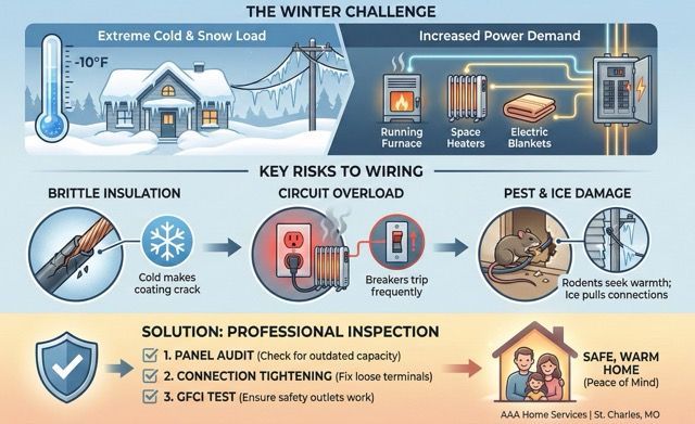 Infographic on winter home hazards, showing insulation, power demand, wiring overload, and pest/ice damage.