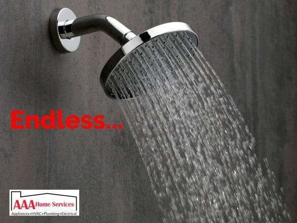 Wall-mounted shower spraying water with red “Endless…” text on a gray background