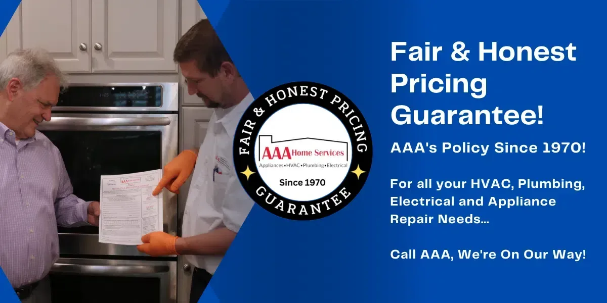 Plumber working under a sink with “Fair & Honest Pricing Guarantee” text and HVAC, plumbing, and appliance repair services