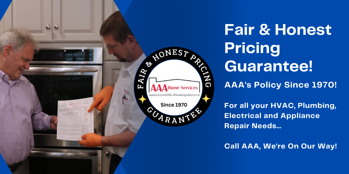 HVAC technician servicing a stove beside “Fair & Honest Pricing Guarantee” ad with logo and contact text