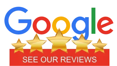 Google logo above five gold stars and a red banner reading “SEE OUR REVIEWS”
