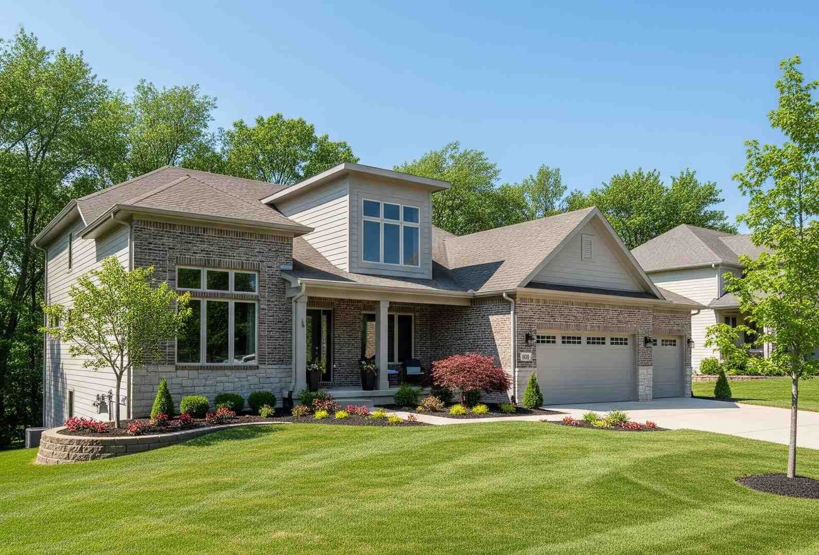 Suburban stone house with gabled roof, manicured lawn, and flower beds on a sunny day