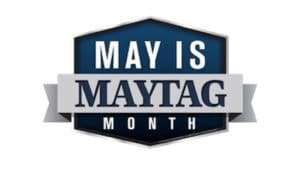 May is Maytag Month logo in blue, white, and gray with ribbon banner and shield shape