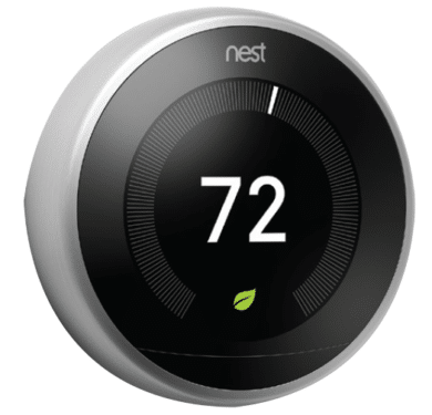 Nest thermostat display showing 72 degrees on a black and silver round dial, with a small green leaf icon.