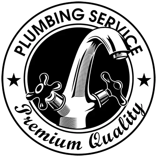Black-and-white plumbing service logo with wrench, faucet, stars, and “Premium Quality” text