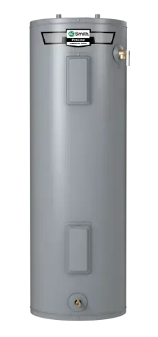 Tall gray water heater tank with front access panels and pipes on top and bottom