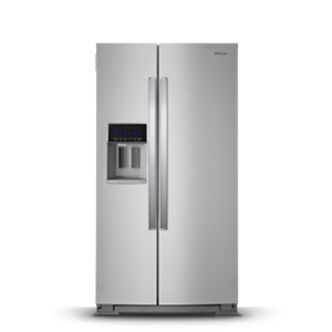 Stainless steel side-by-side refrigerator with water and ice dispenser on the left door