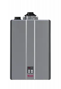 Gray wall-mounted tankless water heater with a digital control panel on the front