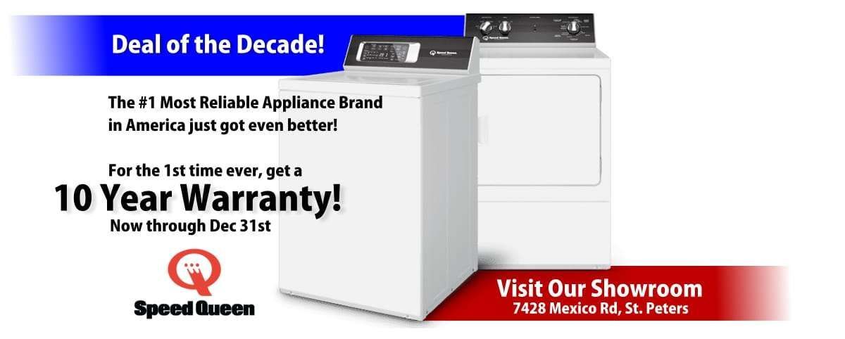 White Speed Queen washer and dryer ad with blue “Deal of the Decade!” banner and red showroom visit footer