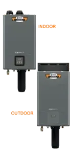 Gray wall-mounted water heaters labeled indoor and outdoor, shown side by side.