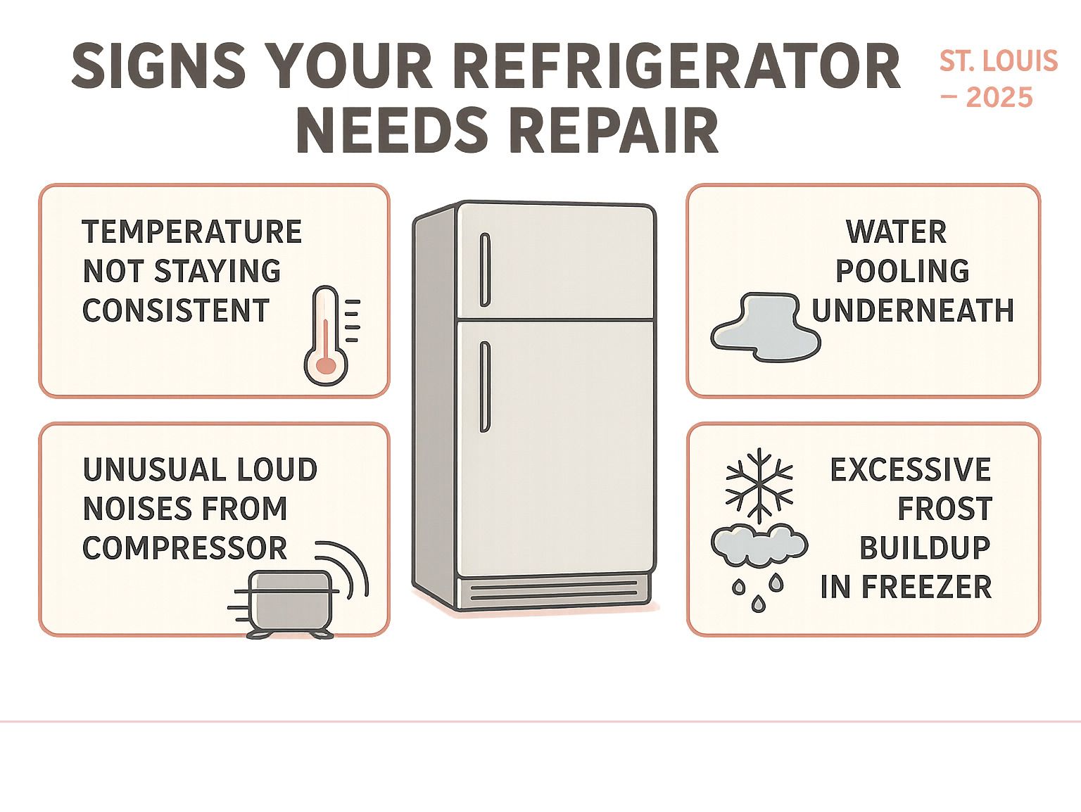 Infographic showing four key signs your refrigerator needs repair: temperature not staying consistent, water pooling underneath, unusual loud noises from compressor, and excessive frost buildup in freezer - fridge repair st louis infographic 