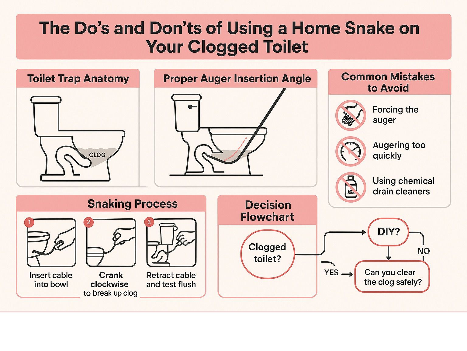 Infographic on using a home snake on a clogged toilet, showing do's, don’ts, and traps.